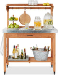 Best Choice Products Mobile Outdoor Table and Storage Cabinet w/Grill Accessory Hooks, 4 Locking Wheels, Stainless Steel Top for Patio Kitchen Island or Bar Cart - Medium Stained Brown