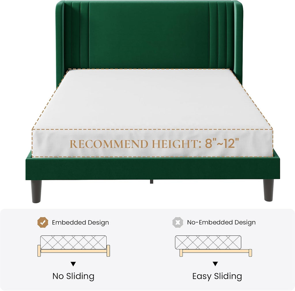 SHA CERLIN Full Size Velvet Upholstered Platform Bed Frame with Vertical Channel Tufted Wingback Headboard, Wooden Slats Support, Easy Assembly, Under Bed Storage, No Box Spring Required, Green