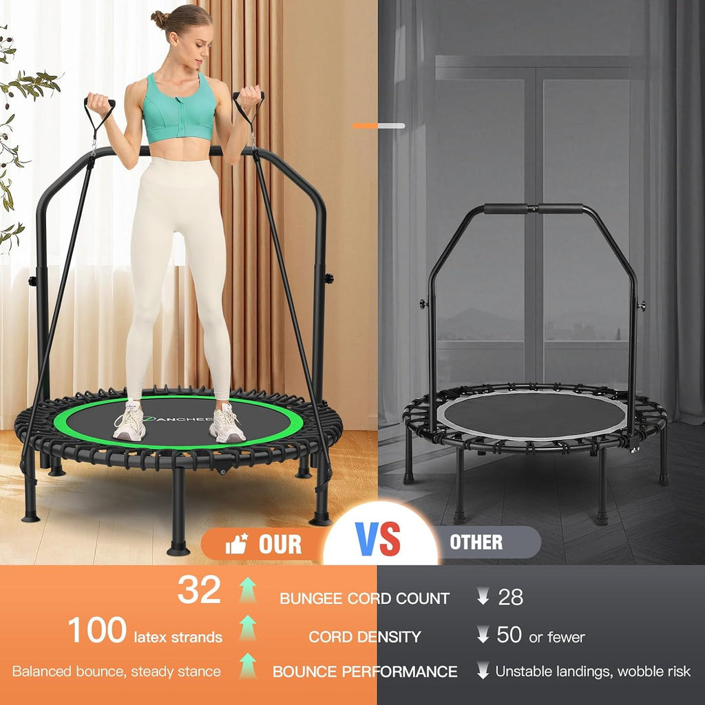 ANCHEER 40'/48' Foldable Mini Trampoline,Max Load 450lbs/550lbs Indoor Trampoline,with 4 Level Adjustable Foam Handle and Resistance Bands,Adult Exercise Trampoline for Home, Garden, and Gym
