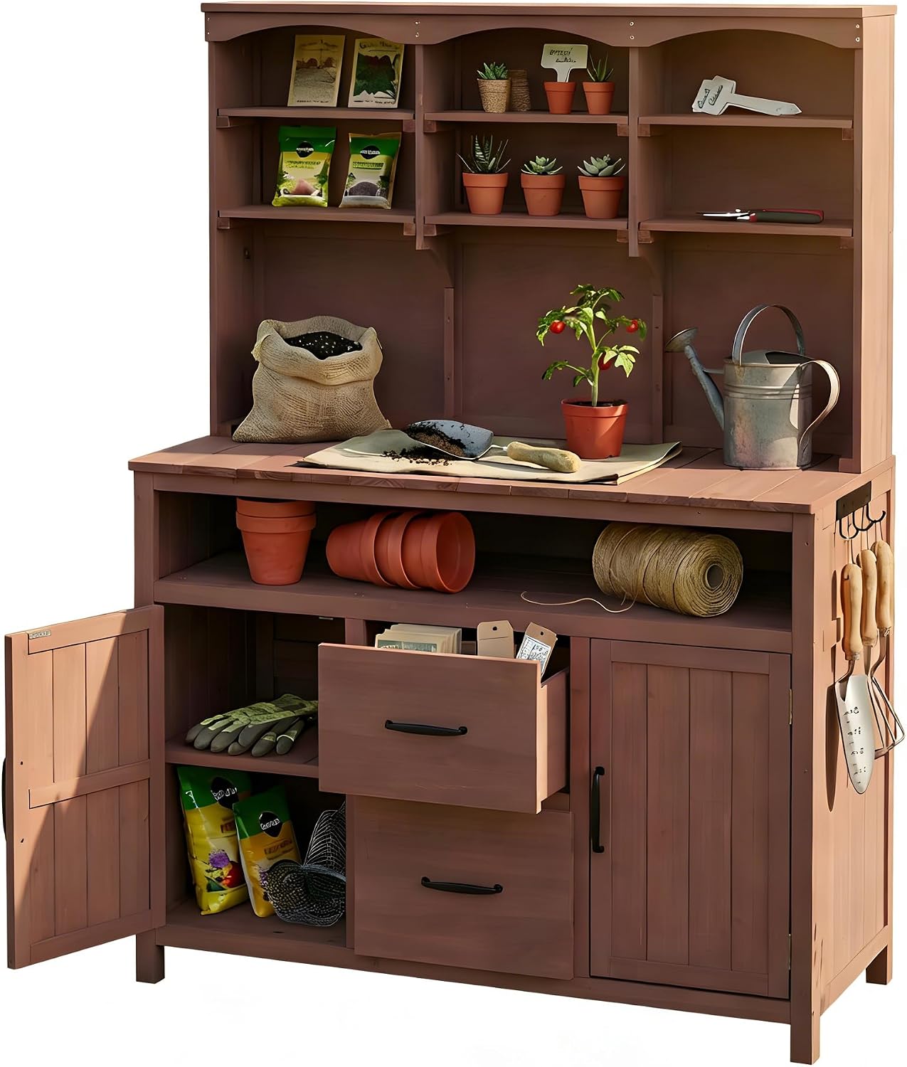 Outdoor Potting Bench Table with Large Countertop and Hutch, Freestanding Garden Workstation with Cabinets, Drawers and Hooks for Backyard (Brown)