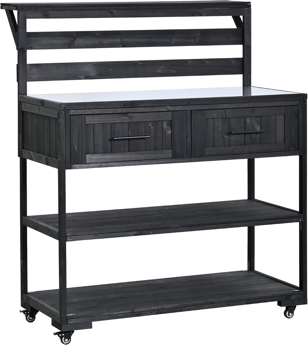 62.3'' Patio Kitchen Island Cart with Stainless Table Top,Solid Wood Garden Potting Bench with Raised Shelf and Drawers, Grill Prep Table for BBQ, Party (Black-E)