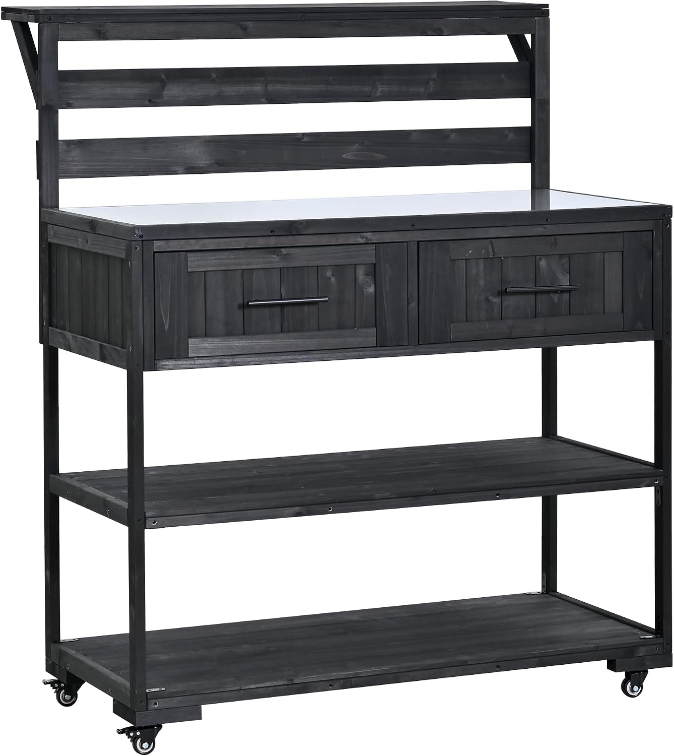 62.3'' Patio Kitchen Island Cart with Stainless Table Top,Solid Wood Garden Potting Bench with Raised Shelf and Drawers, Grill Prep Table for BBQ, Party (Black-E)