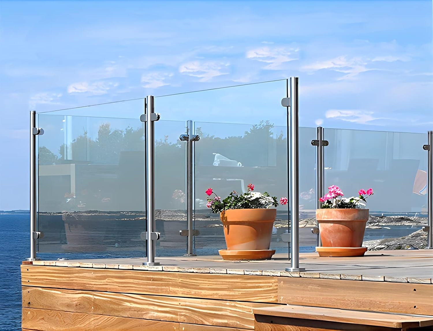 Glass Banister Round Standoff Clamp, Stainless Steel Black Stair Balustrade Post for 3/8'-1/2' Glass Panels, Terrace Decking Hotel Guardrail System(Middle Post,85cm/33.5in)