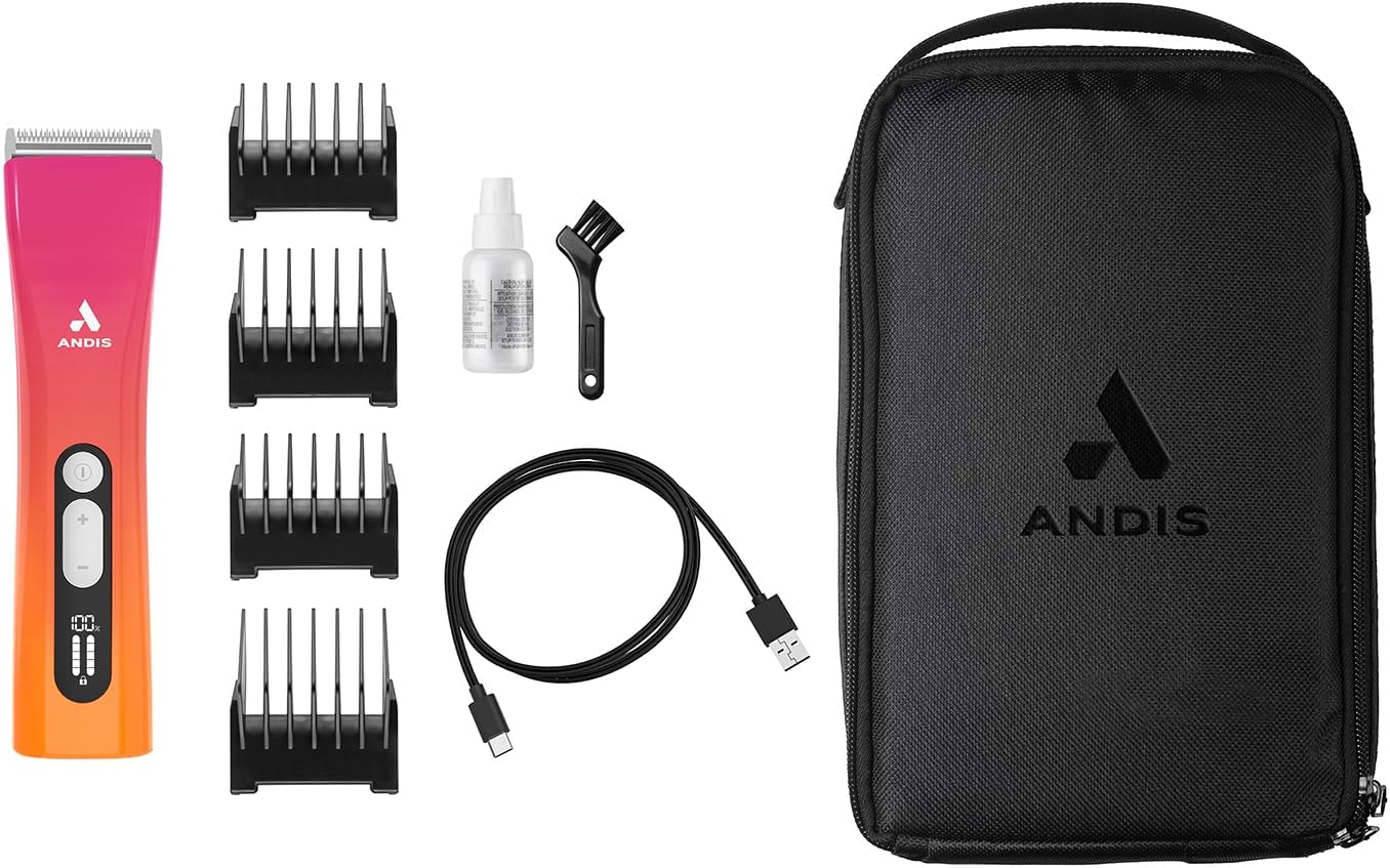 Andis 562745 ProClip 5-in-1 Adjustable Blade Cord/Cordless Pet Hair Clipper, 5 Blade Settings, 5 Speeds, Feather Light, Digital Display Screen, Sunset