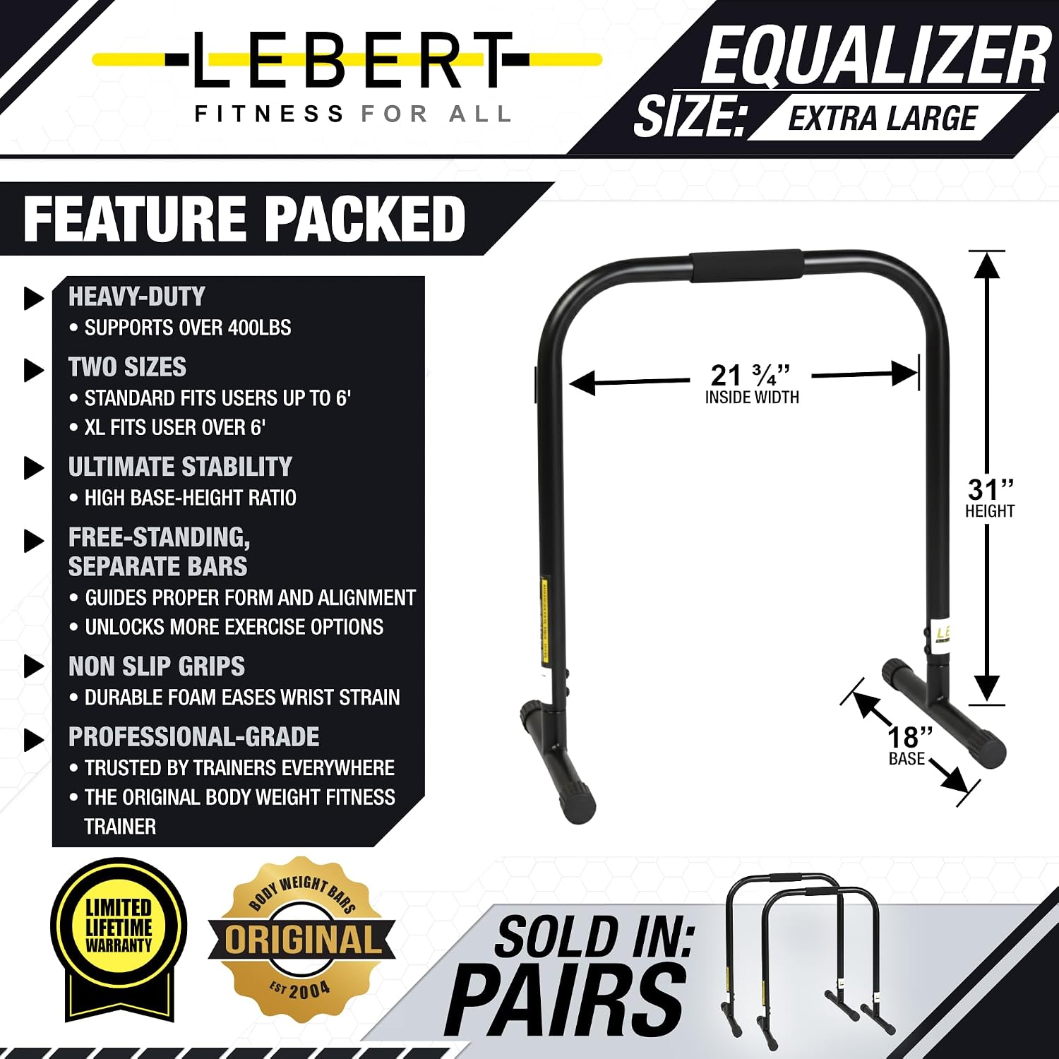 Lebert EQualizer Total Body Strengthener – Portable Dip Station for Full Bodyweight Training – Includes Hip Resistance Band & Online Coaching – Available in Standard & XL Sizes