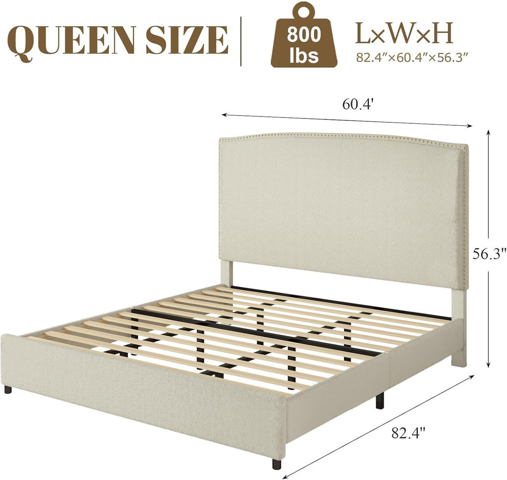 BarnFurin Queen Size Chenille Bed Frame with 56' Tall Headboard, Upholstered Platform Bed with Nailhead Trim Headboard, Soft Boucle Fabric, No Box Spring Needed, Easy Assembly, Beige