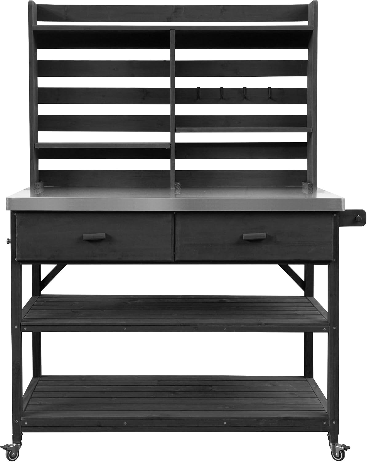 SOFTSEA Outdoor Grill Cart with Stainless Steel Top, Potting Table & Storage Cabinet with Upper Hutch and Towel Rack, 64.9' H Solid Wood Kitchen Island with Lockable Wheels, Black