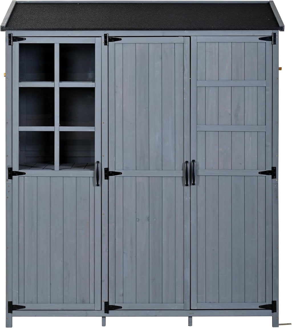 Outdoor Garden Storage Shed with Waterproof Roof, Farmhouse Potting Bench Table with 3 Doors Cabinets, 7 Storage Shelves, 2 Drawers, and 6 Hooks,Grey