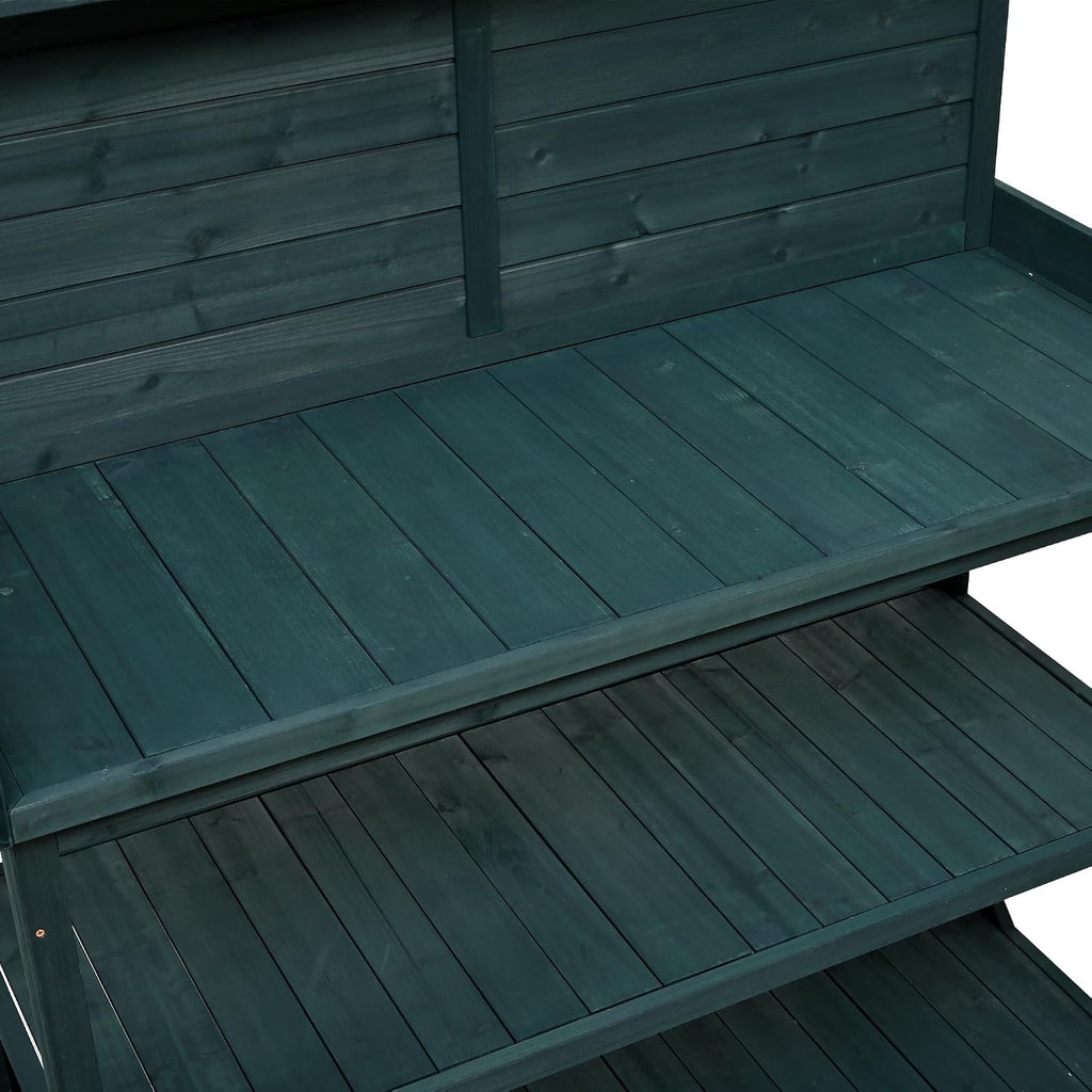 Penau Wooden Potting Bench 46.9 x 19.3 x 65 Inchs, Farmhouse Rustic Outdoor Potting Bench Table with 4 Storage Shelves, Side Hooks and Splash Plate, Forest Green