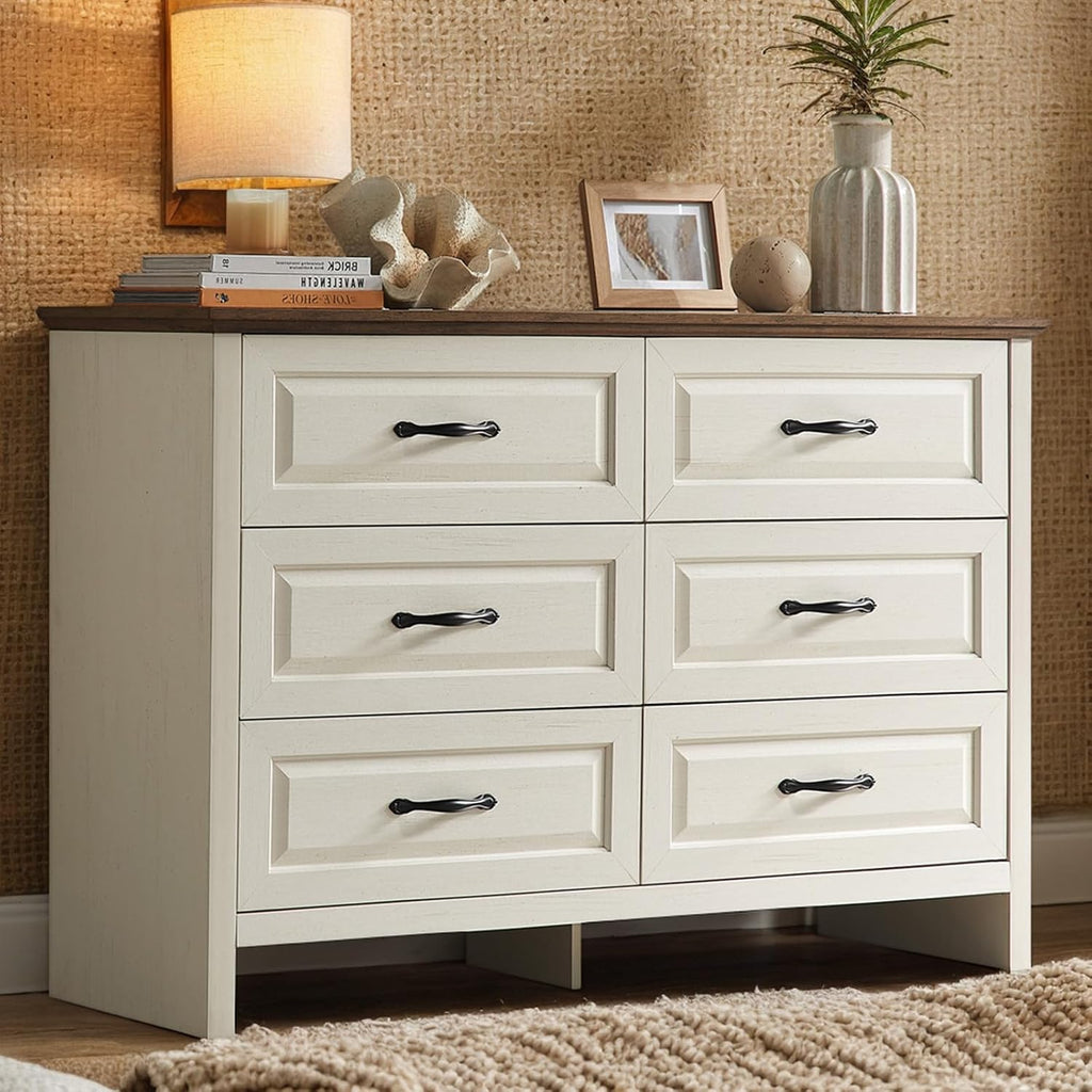 Pipishell White 6 Drawer Dresser for Bedroom, 47' Wide Wood Chest of Drawers with Bar Handles, Modern Storage Dresser Organizer for Bedroom, Living Room, Hallway, Brown & White