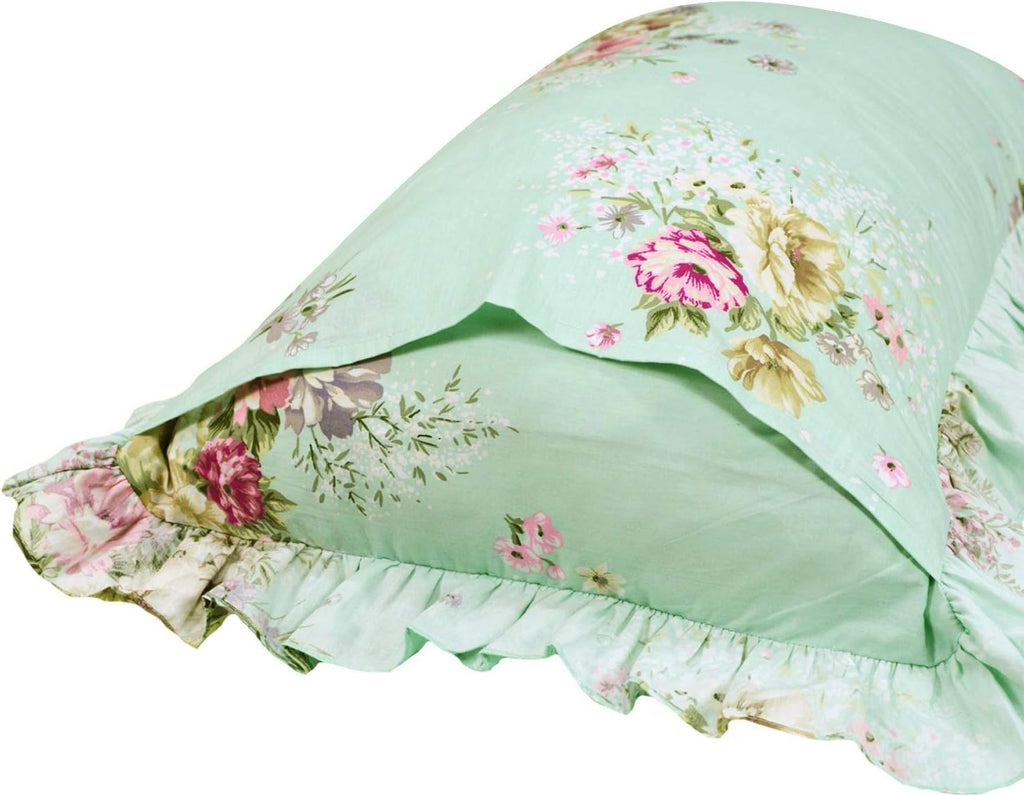 FADFAY Shabby Green Floral Bedding 100% Cotton Princess Lace Ruffle Girls Duvet Cover Set with Bedskirt, 4Pcs, King Size