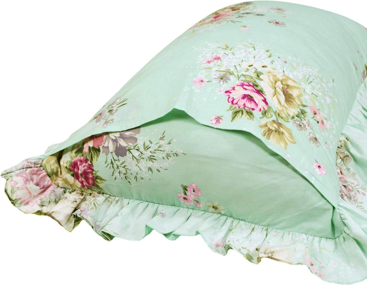 FADFAY Shabby Green Floral Bedding 100% Cotton Princess Lace Ruffle Girls Duvet Cover Set with Bedskirt, 4Pcs, King Size