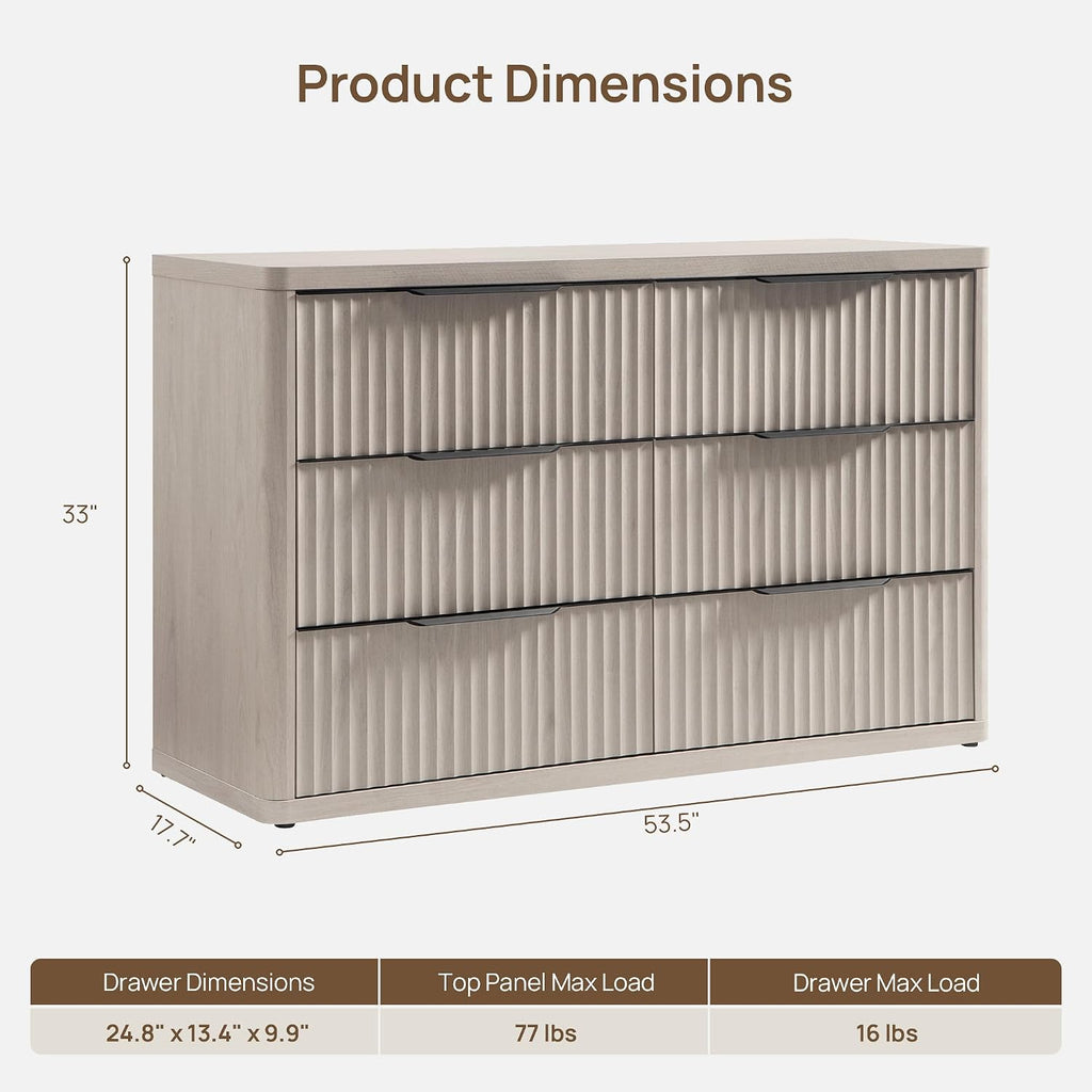 SICOTAS Dresser for Bedroom 107' Wide 6 Drawer Dressers & Chests of Drawers for Closet Long Large Modern TV Stand Set for Clothes Storage Fluted Wide Clothes Closet for Hallway Entryway, White Alder
