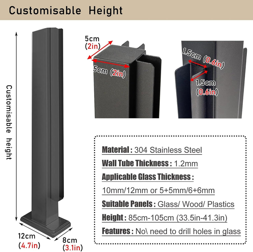 Heavy Duty Glass Railing Post Kit, Glass Black Railing Post for Stairs Villa House Gazebo Porch, Square Glass Balustrade Post with Bolt(Black Corner Post,60cm/23.5in)