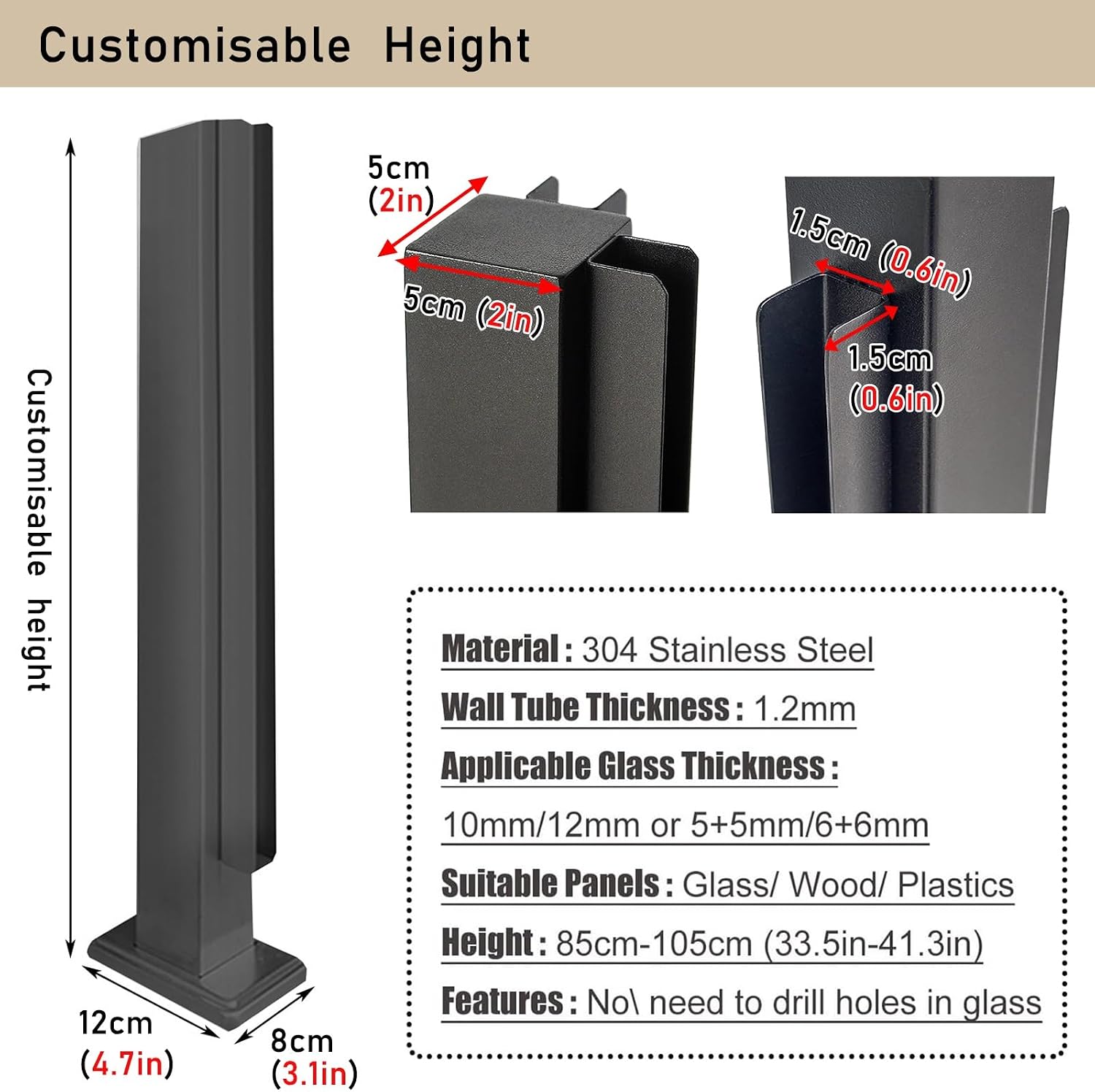 Heavy Duty Glass Railing Post Kit, Glass Black Railing Post for Stairs Villa House Gazebo Porch, Square Glass Balustrade Post with Bolt(Black Corner Post,70cm/27.5in)
