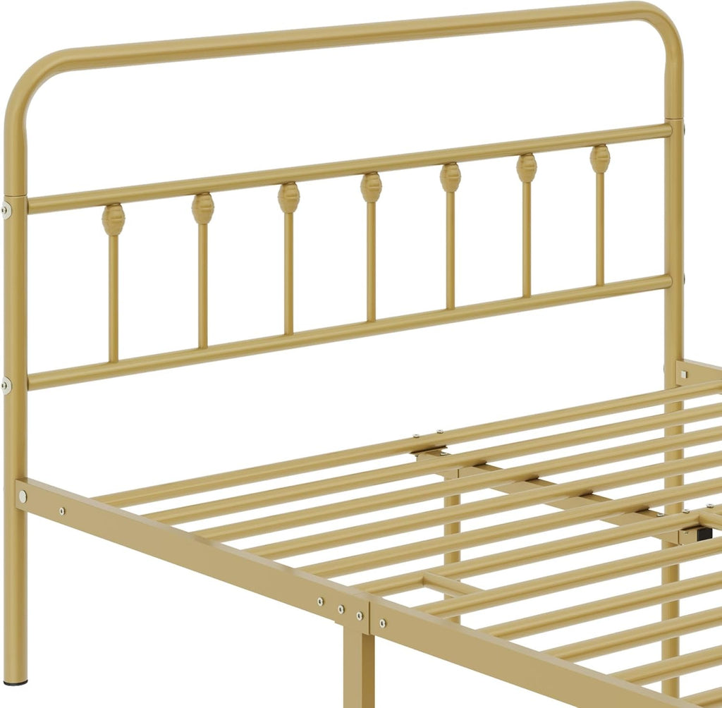 Topeakmart Full Size Victorian Style Metal Bed Frame with Headboard/Mattress Foundation/No Box Spring Needed/Under Bed Storage/Strong Slat Support Antique Gold