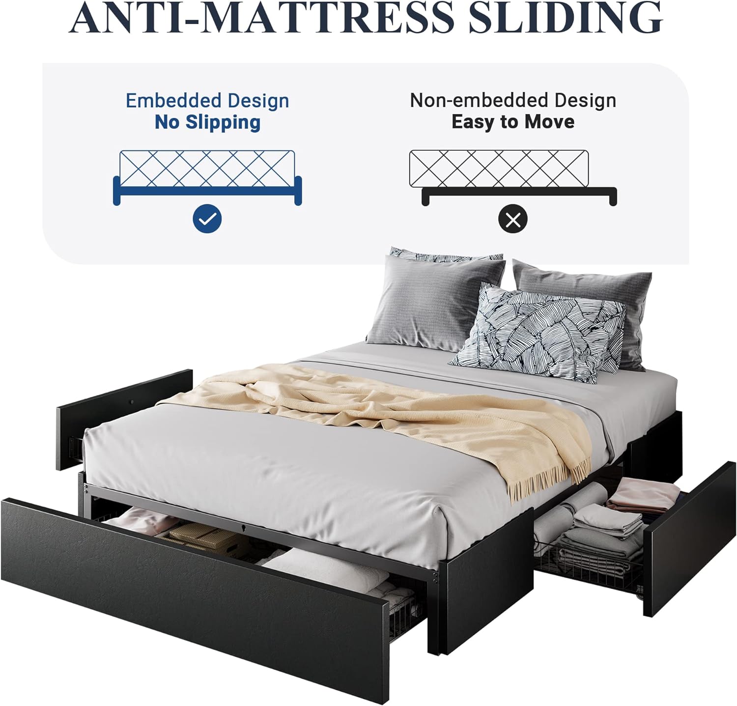 Allewie Full Size Platform Bed Frame with 3 Storage Drawers, Faux Leather Upholstered, Wooden Slats Support, No Box Spring Needed, Easy Assembly, Black