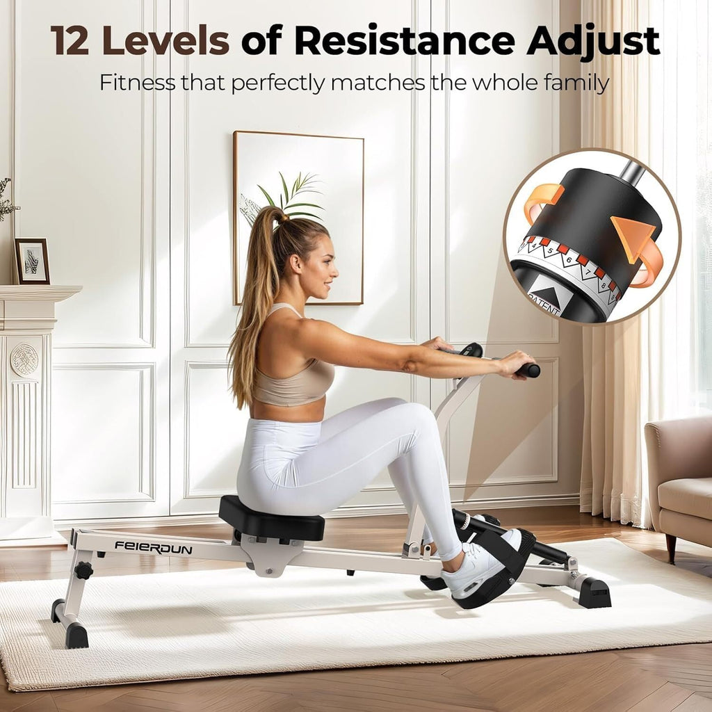 FEIERDUN Hydraulic Rowing Machine for Home, Compact Adjustable Rower with 12 Resistance Levels, 300LBS Weight Capacity, Full Body Workout Equipment