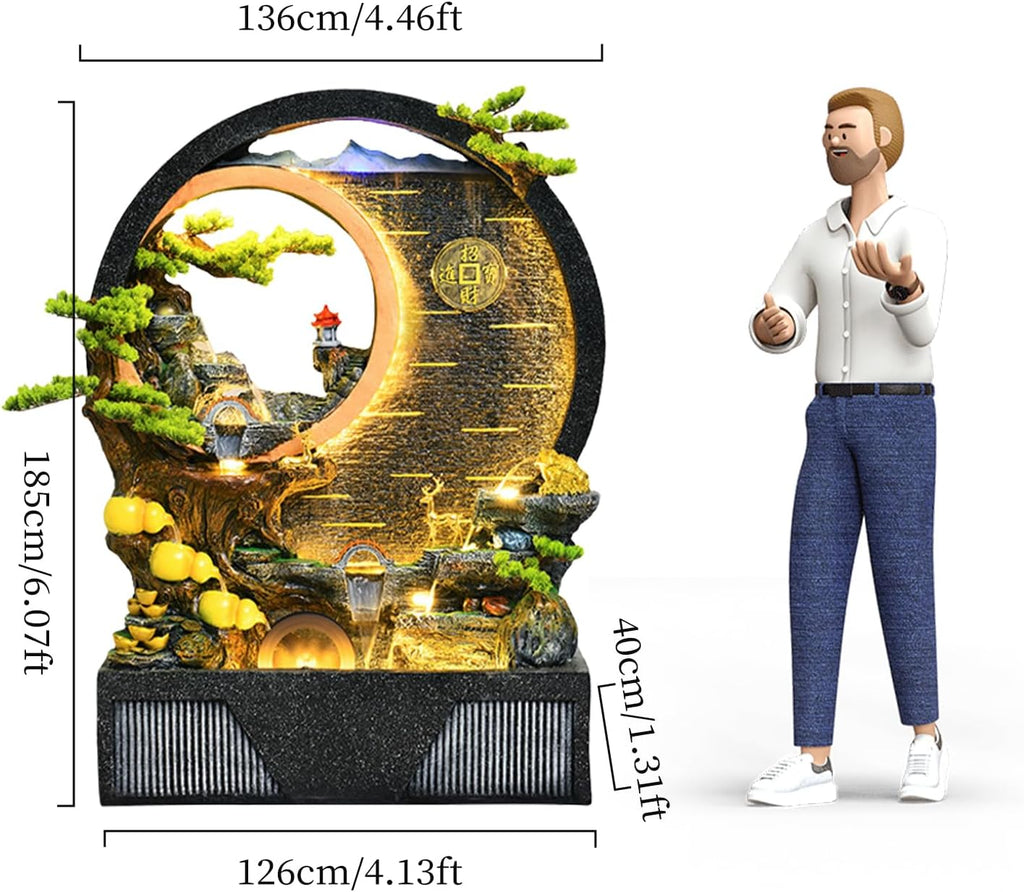 Indoor Outdoor Resin Fountain with LED Light Ring – Round Landscape Waterfall Feature with Pump, Bonsai & Gourd Decor – 6.07ft Tall Large Decorative Water Sculpture(A Large)