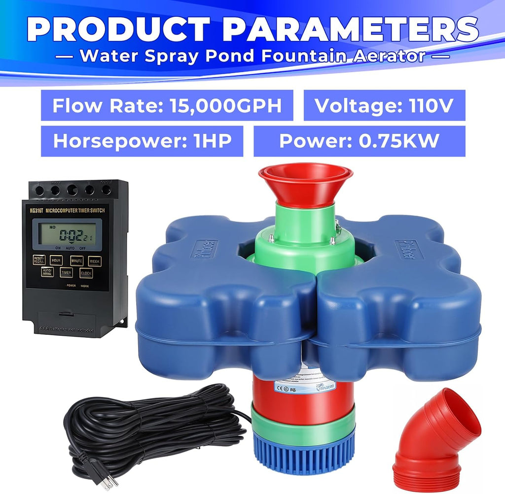 Pond Fountain Aerator with Time Controller-15000 GPH,110V 1HP 750W Floating Fountain Aeration System for Large Ponds,Aerating Fountain Pump for Outdoor Ponds & Lakes with 15A/100FT Power Cord