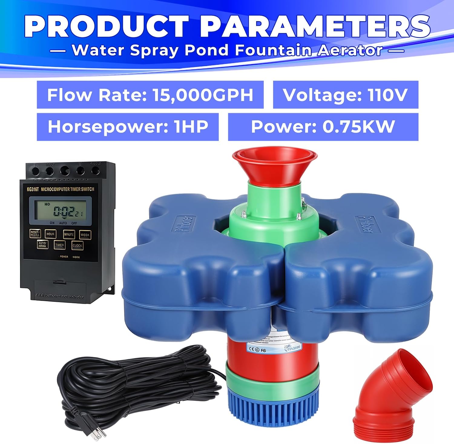 Pond Fountain Aerator with Time Controller-15000 GPH,110V 1HP 750W Floating Fountain Aeration System for Large Ponds,Aerating Fountain Pump for Outdoor Ponds & Lakes with 15A/100FT Power Cord