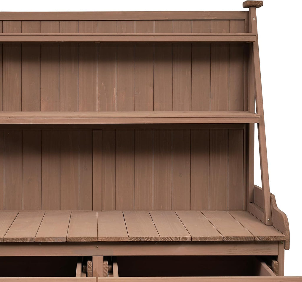 Merax Potting Bench Table with Cabinet and Open Shelves, 65' Large Farmhouse Wooden Outdoor Patio Workstation, Garden Potting Bench with 2 Drawers for Backyard, Mudroom, Brown