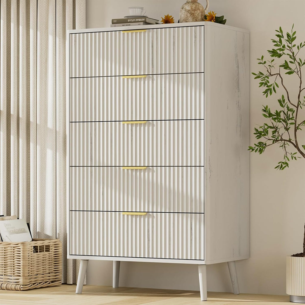 LYNSOM Fluted 5 Drawers Dresser, 45' Tall Modern Chest of Drawers with Curved Profile Design and Metal Handle, Wood Drawer Organizer for Bedroom, Living Room, Hallway, Entryway, White