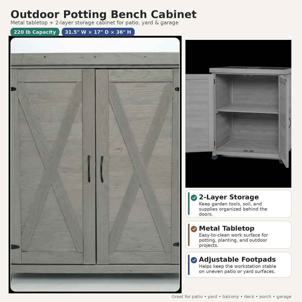 Potting Bench with Storage Cabinet & Metal Top, Solid Wood Hemlock Outdoor Work Station Table, X-Shape Sturdy Design, Magnetic Door, Gray/Light Brown, 31'x17'x36' (Gray)