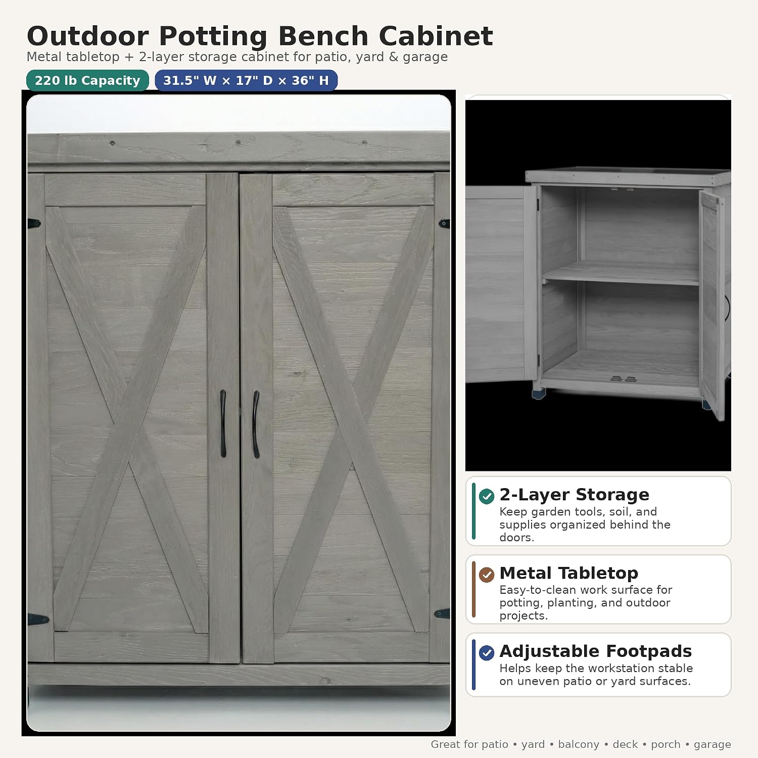 Potting Bench with Storage Cabinet & Metal Top, Solid Wood Hemlock Outdoor Work Station Table, X-Shape Sturdy Design, Magnetic Door, Gray/Light Brown, 31'x17'x36' (Gray)