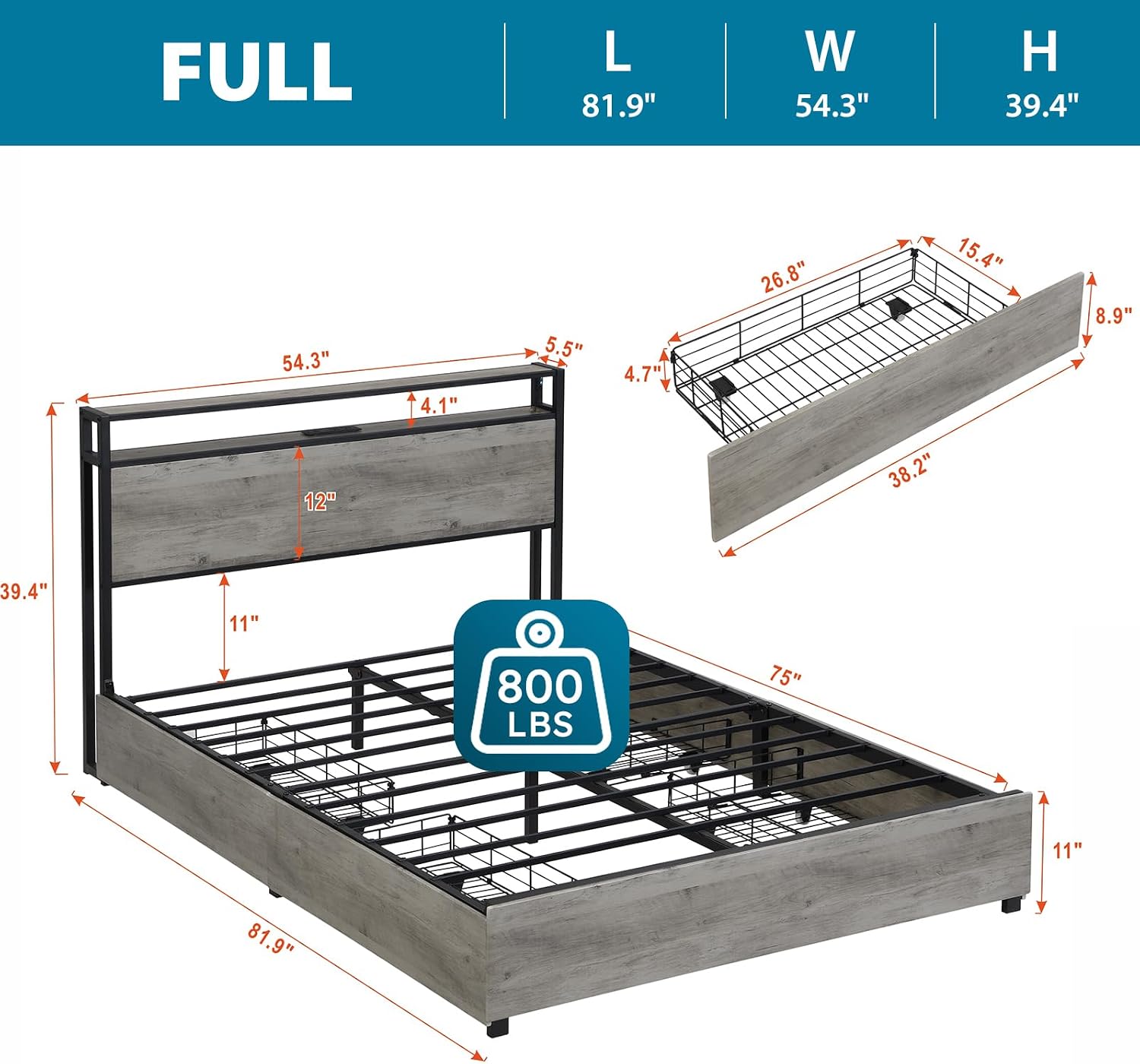 Kiivakii Full Size Bed Frame with Headboard, LED Platform Bed with 4 Storage Drawers, Built in Charging Station, Noise-Free, Metal Support Base, No Box Spring Needed, Gray