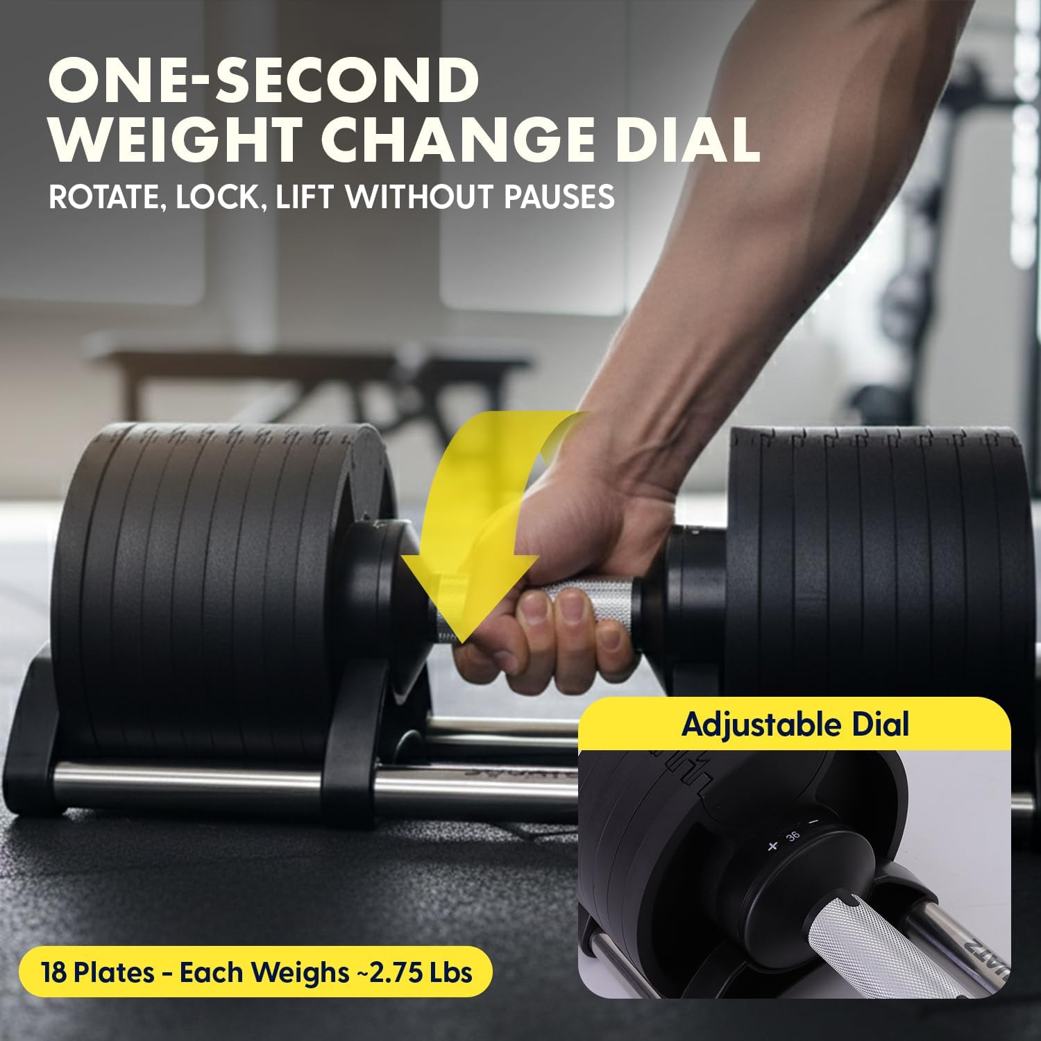 SQUATZ Adjustable Dumbbells with Quick Weight Change, Space-Saving Dumbbell Set with Anti‑Slip Handle, Secure Locking System, Heavy‑Duty Plates & Base for Home Workout and Strength Training