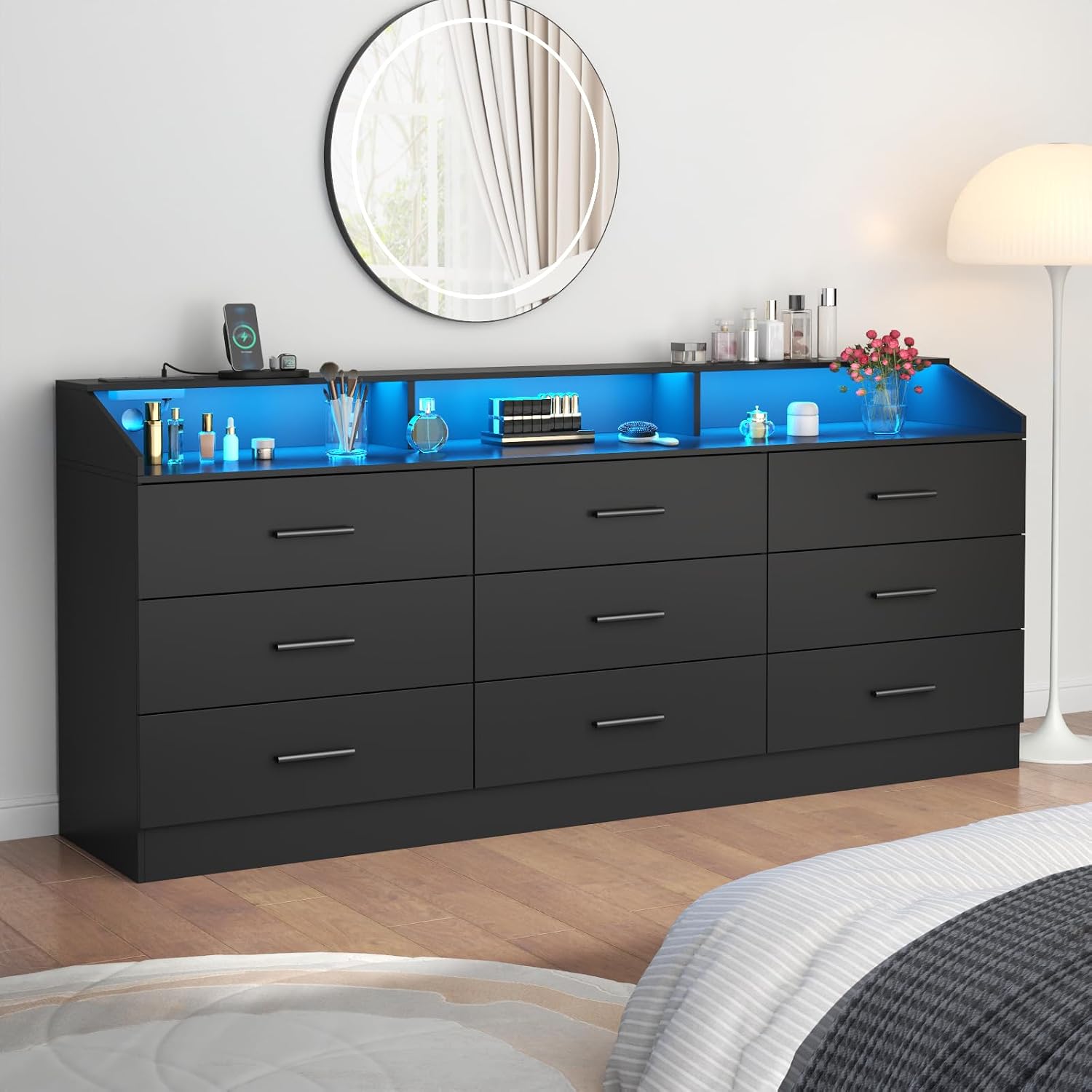 Gyfimoie 9 Drawers Dresser with Power Outlet, Black Dresser for Bedroom, Chest of Drawers with LED Light, Modern Dressers with Open Storage Cubby, Triple Wide Dressers Organizer for Living Room