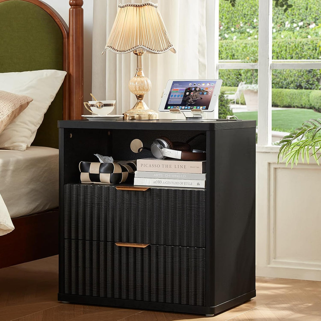 LEYAOYAO Fluted Dresser and 2 Drawers Nightstand Set of 2, Wood 48' Wide Dresser & 23' Night Stand with Charging Station, 3 Piece Bedroom Furniture Set, Chest of Drawers for Home,Living Room,Black