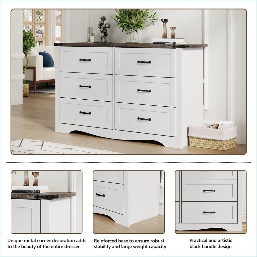 Loomie Farmhouse 6 Drawers Double Dresser for Bedroom, Modern White Dresser Chest of Drawers, Wide Dressers Organizer, Accent Storage Cabinet for Closet, Living Room, Hallway, Antique White