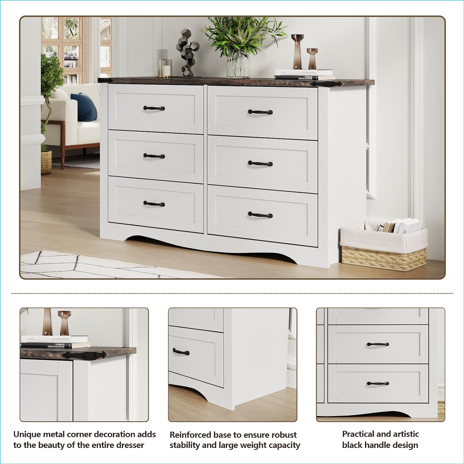 Loomie Farmhouse 6 Drawers Double Dresser for Bedroom, Modern White Dresser Chest of Drawers, Wide Dressers Organizer, Accent Storage Cabinet for Closet, Living Room, Hallway, Antique White