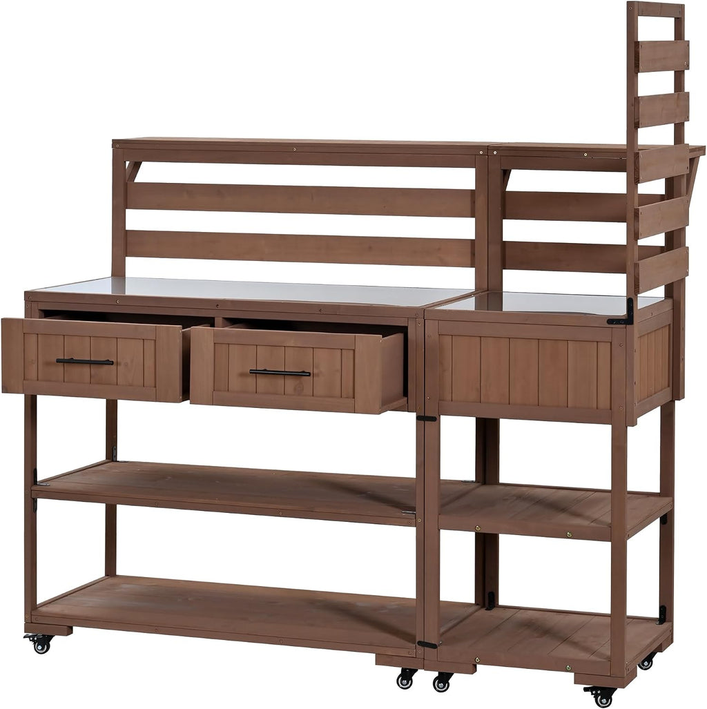 Patio Potting Bench Table with Stainless Table Top, Outdoor Large Garden Workstation on Wheels with Raised Shelf and Drawers for Backyard (Brown)