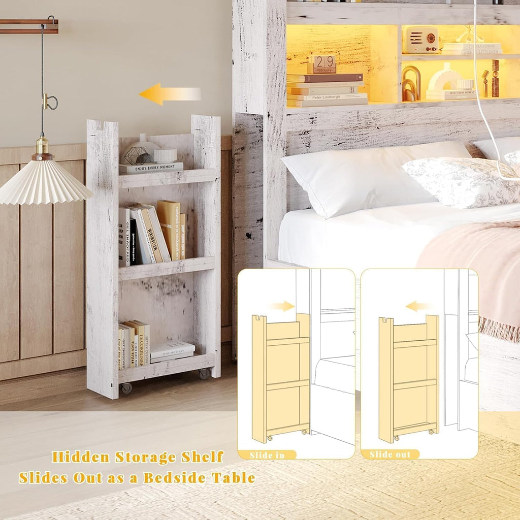 LUXOAK California King Bed Frame with 49.6' Bookcase Headboard & 2 Bedside Stoage Racks & 4 Drawers, Farmhouse Wood Bed Frame with RGB LED & Charging Station, No Box Spring Needed, Distressed White