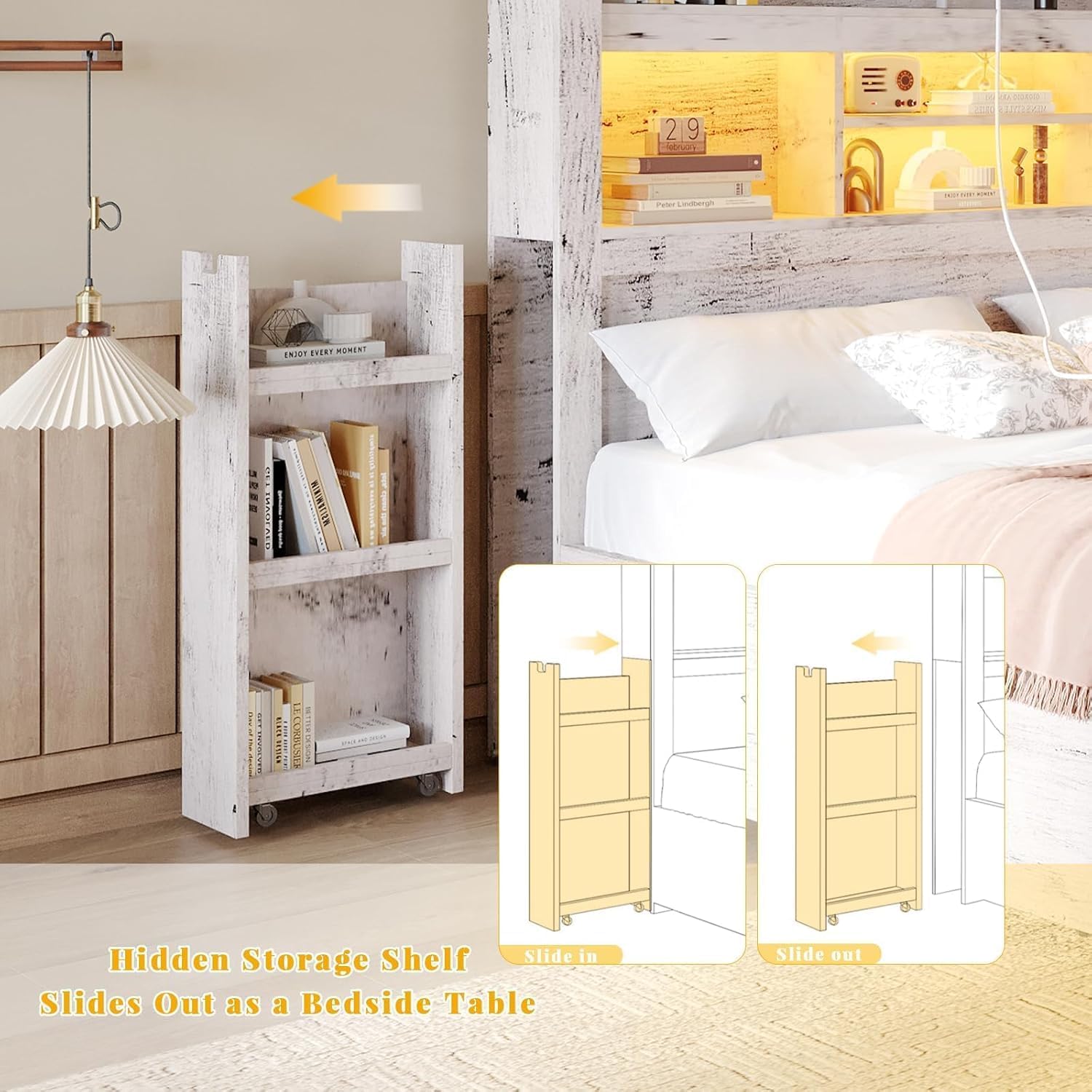 LUXOAK California King Bed Frame with 49.6' Bookcase Headboard & 2 Bedside Stoage Racks & 4 Drawers, Farmhouse Wood Bed Frame with RGB LED & Charging Station, No Box Spring Needed, Distressed White
