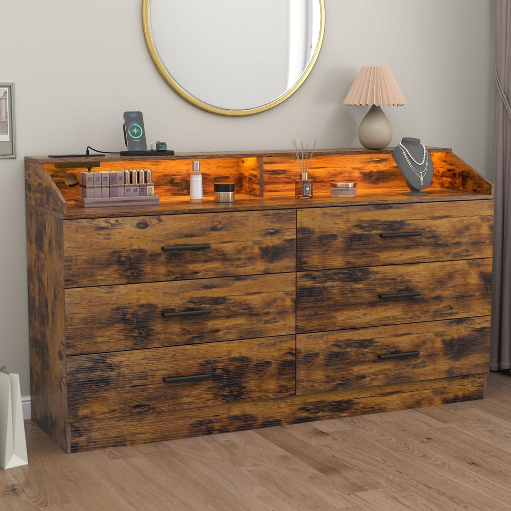 Gyfimoie 6 Drawer Dresser with Power Outlet, Chest of Drawers with LED Light, Modern Dresser with Open Storage Cubby, Double Wide Dressers Organizer for Bedroom, Living Room, Entryway, Hallway
