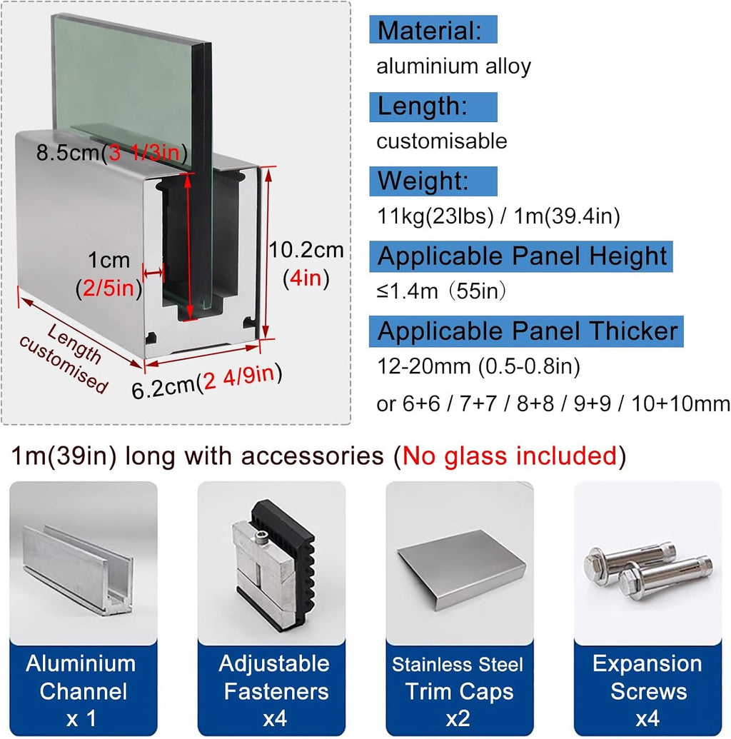 Glass Panel Clips for 12-20 mm Glass, Black Gold Silver Glass Railing Spigot Clamps with Slots, Aluminum Square Glass Shelf Support Brackets(Brass,L 59 in Glass Clamp)