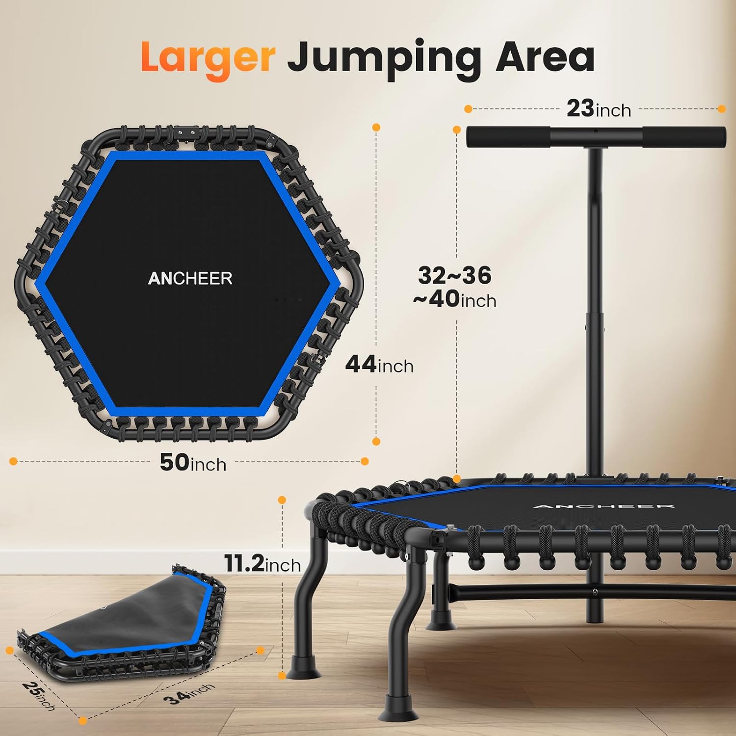 ANCHEER 50' Rebounder Trampoline for Adults- 2026 Foldable Mini Trampoline with Bar- Exercise Trampoline for Adults, Max Load 560lbs, for Indoor/Garden Workout