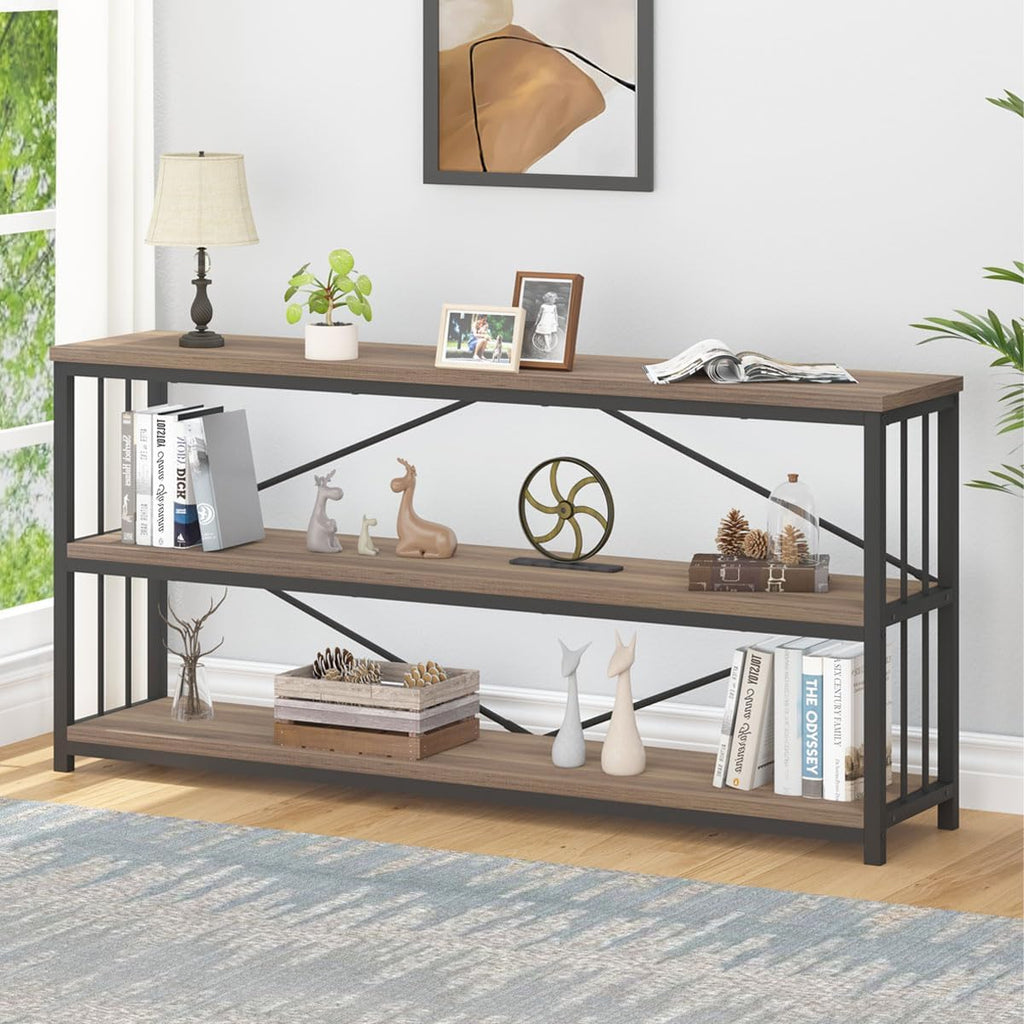 IBF Industrial 3 Tier Bookshelf, Rustic Low Wood and Metal Book Shelf, Farmhouse Long Wide Open Horizontal Bookcase, Modern Large Vintage Etagere for Home Office Bedroom Living Room, Rustic Oak, 63 In