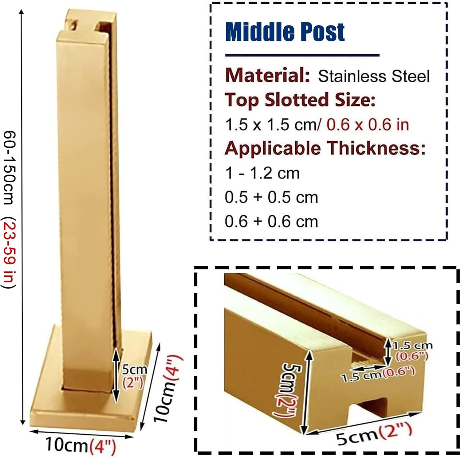 Hallway Stairs Glass Railing Post Stainless Steel Gold, Fence Balcony Glass Floor Clamp for Glass, Wood Board, PVC Acrylic Board, Fence Balustrade Clear View Panels Post(Gold-Mid Post,70cm/27.5in)