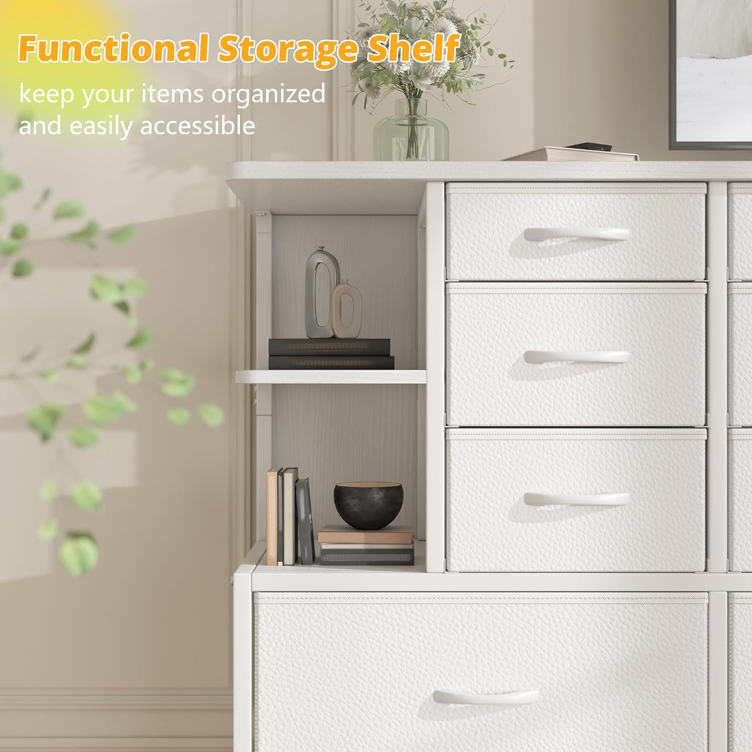 White Dresser for Bedroom with 12 Drawers & LED Lights,4 Open Storage Shelves, Fabric Dressers & Chests of Drawers for Living Room, Entryway, Dorm, Metal Frame, Wood Top,45.2' H x 35.4' W x 11.8' D