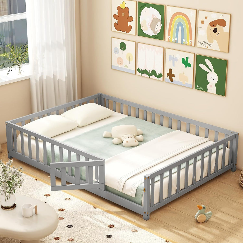 Giantex Full Size Floor Bed for Kids, Low Montessori Bed with Wood Slats & Safety Guardrails, Solid Wood Full Floor Beds with Fence and Door for Kids Boys Girls, Grey