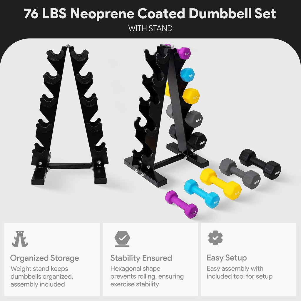 BalanceFrom Neoprene Coated Iron Dumbbell Hex Weights Set with Stand – Color-Coded or Black Options with Non-Slip Grip for Strength Training, Resistance Workouts, and Home Gym Fitness
