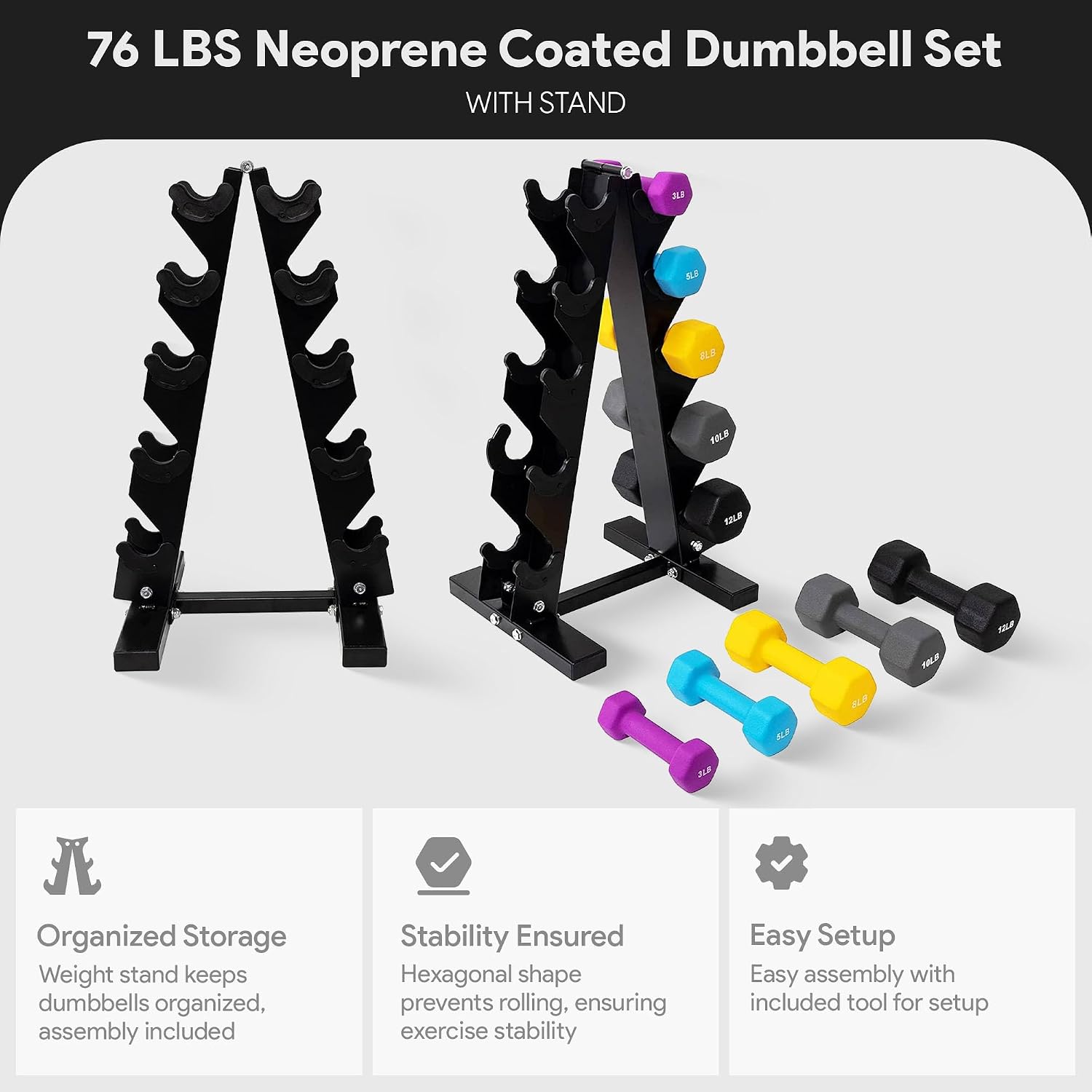 BalanceFrom Neoprene Coated Iron Dumbbell Hex Weights Set with Stand – Color-Coded or Black Options with Non-Slip Grip for Strength Training, Resistance Workouts, and Home Gym Fitness
