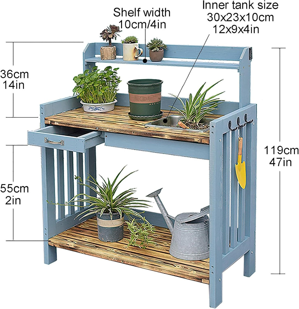 Outdoor Potting Bench, Pine Work Station Table Outdoor Garden Potting Table with Removable Sink, Tools Drawer, 3 Tier Open Shelf & 3 Side Hooks, All-Weather Garden Table Work Station(White)