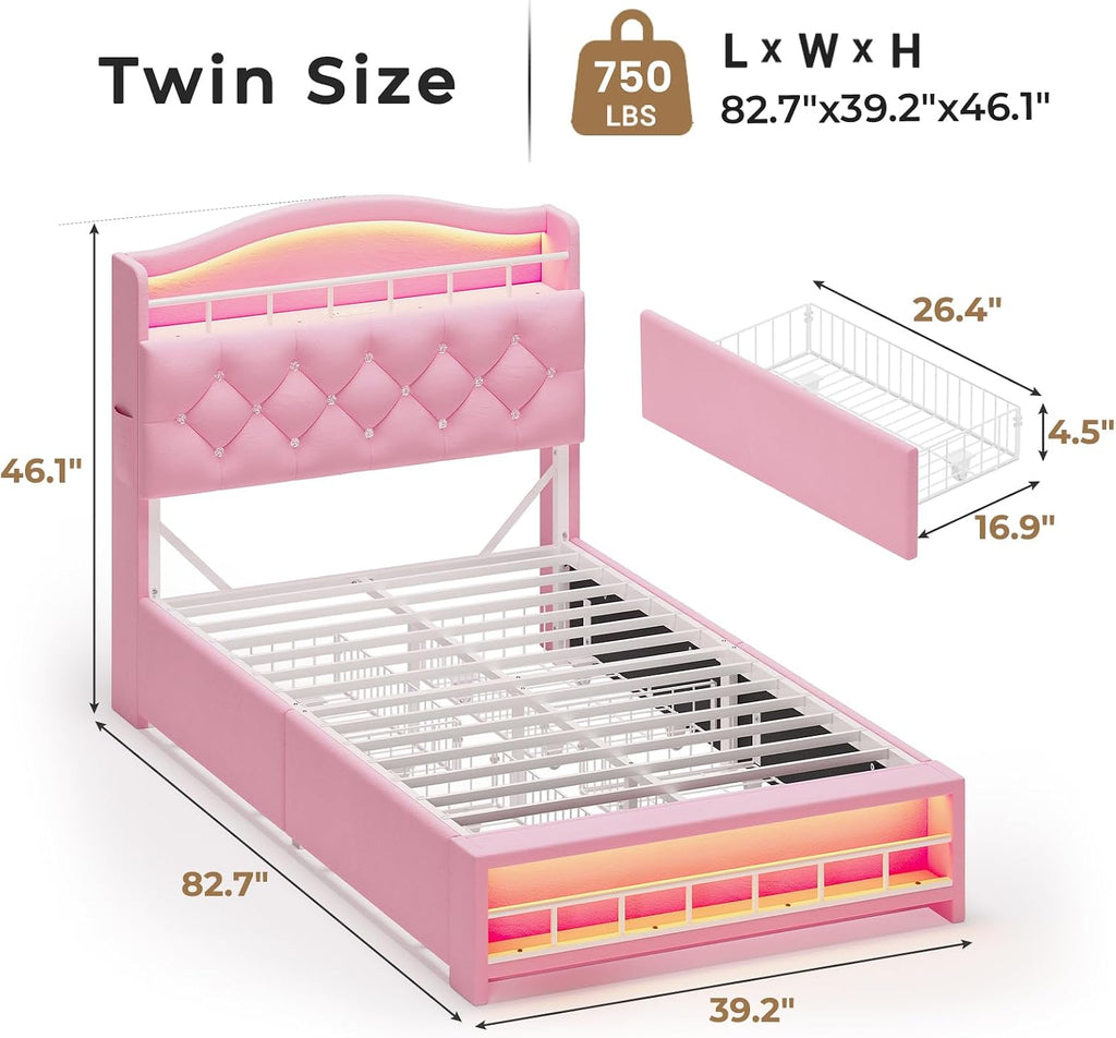 HAUOMS Twin Size Bed Frame with LED Lights & 4 Drawers, Princess Velvet Upholstered Platform Bed for Girls, Headboard with Charging Station & Guardrail & Crystal Button, No Box Spring Needed, Pink