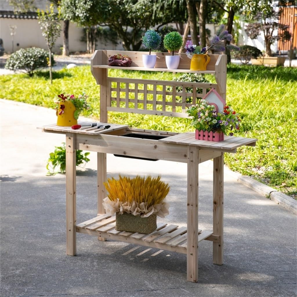 Outdoor Potting Bench W/Sliding Tabletop,Storage Shelf and Dry Sink,Wooden Workstation for Greenhouse,Garden,Patio(E)